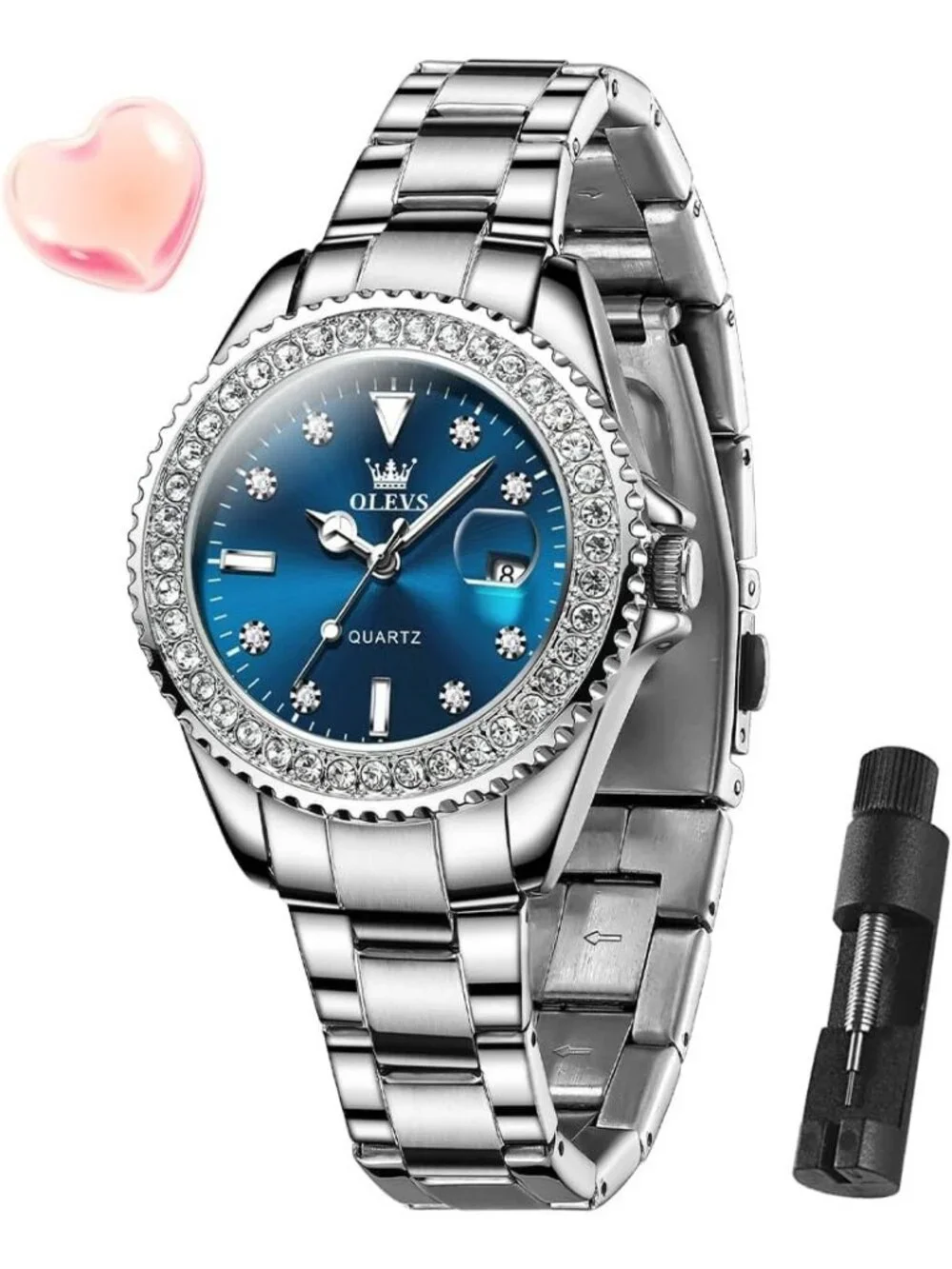 Women's Blue Luxury Diamond with Date Analog Quartz Waterproof Wrist Watch